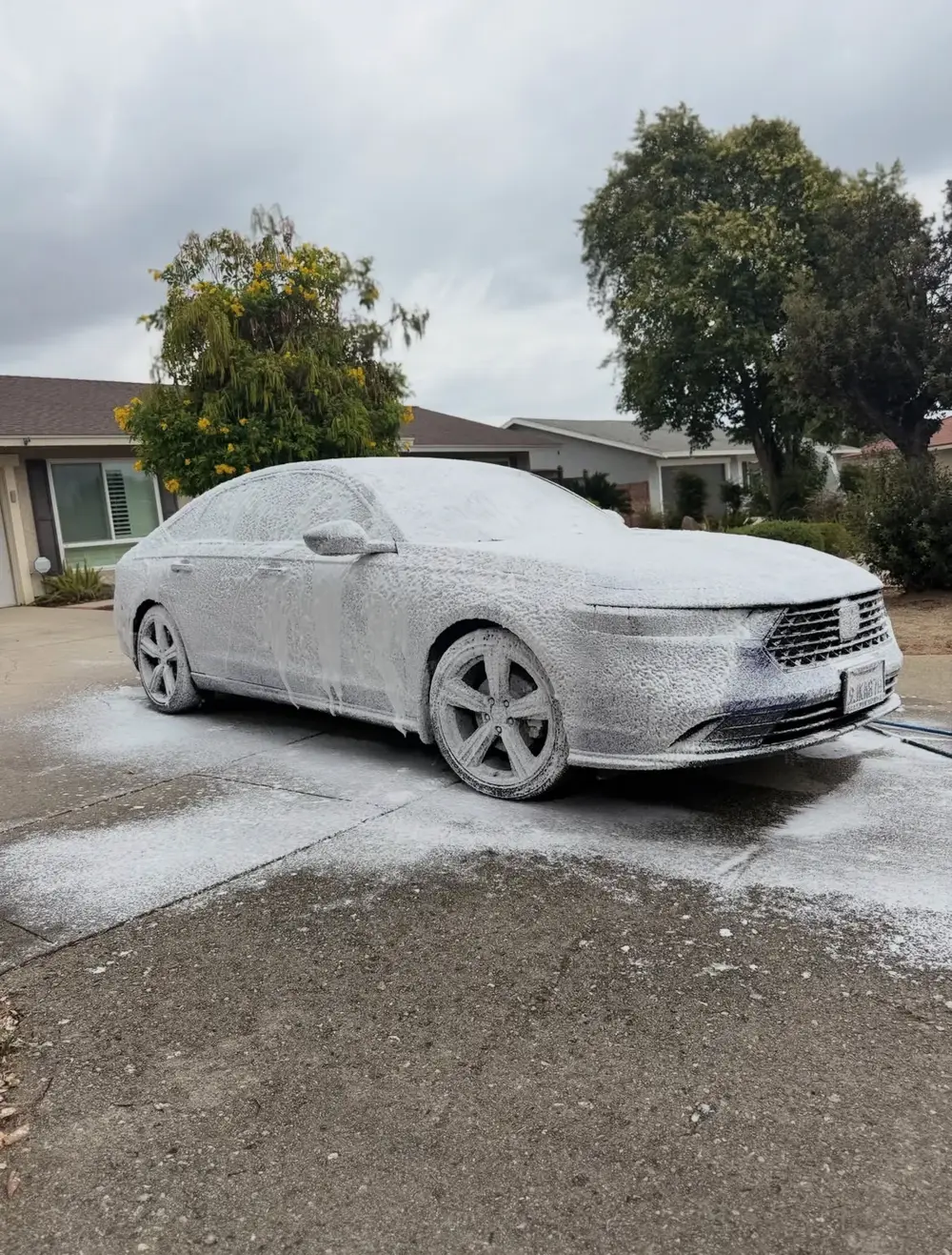 Foam wash stage on a sedan